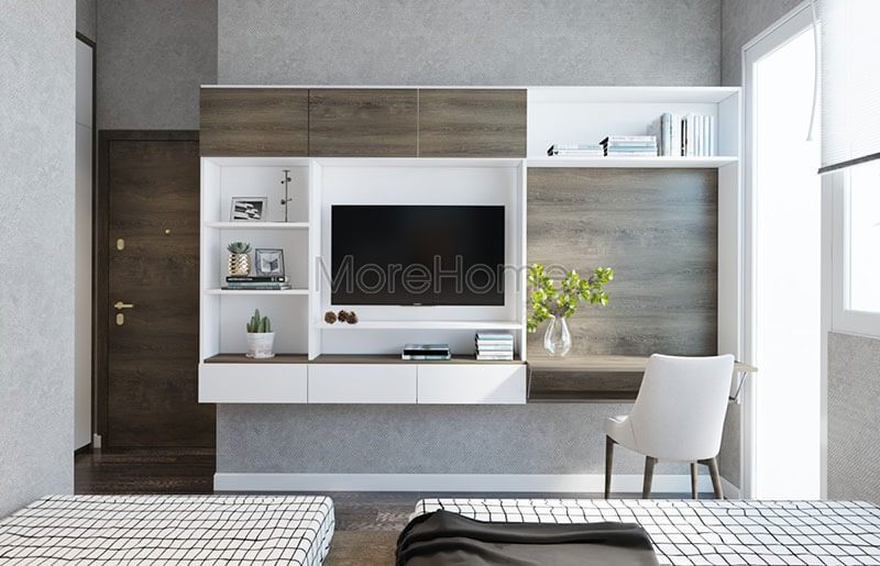 Mẫu bàn học kết hợp giữa kệ trang trí gỗ công nghiệp và tone màu trắng hiện đại mang lại sự đẹp cho nội thất phòng ngủ.